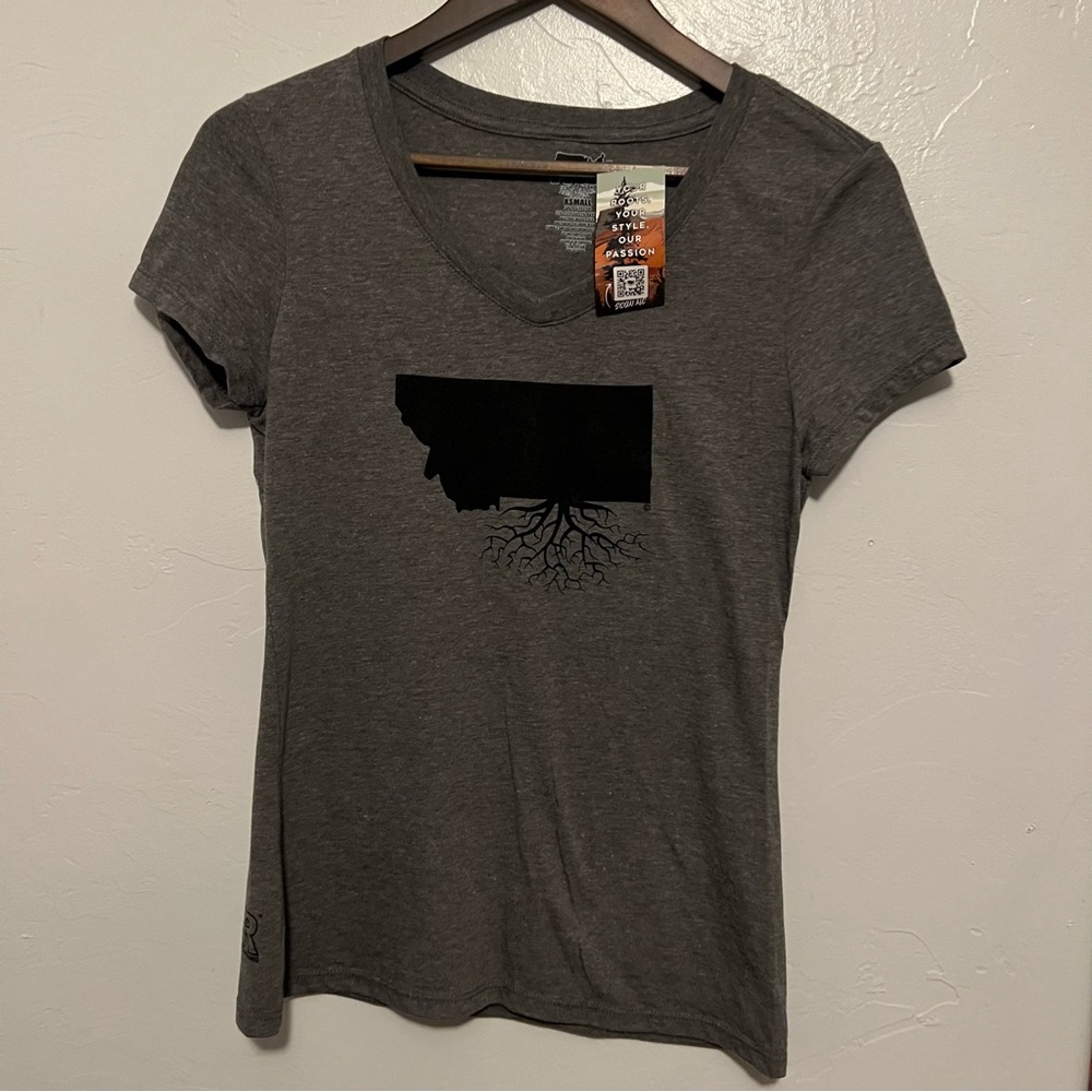 NWT Roots Charcoal Women's Tee with Black Montana State Graphic Size XS